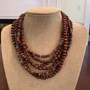 Multi Strand Brown Wood and Turquoise Bead Necklace with Filigree Silver Clasp